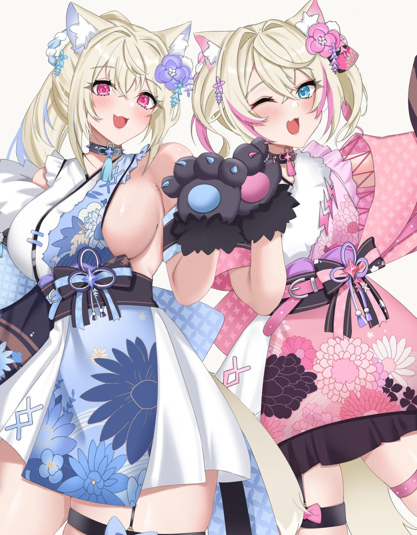 2girls animal_ear_fluff animal_ears areola_slip blonde_hair blue_eyes blue_hair blue_kimono breasts dog_ears dog_girl fuwawa_abyssgard fuwawa_abyssgard_(new_year) hair_ornament highres hololive hololive_english japanese_clothes kimono large_breasts long_hair looking_at_viewer mococo_abyssgard mococo_abyssgard_(new_year) multicolored_hair multiple_girls official_alternate_costume official_alternate_hairstyle open_mouth pink_eyes pink_hair siblings sideless_kimono sisters streaked_hair tail twins virtual_youtuber yobi_(ybpac18)