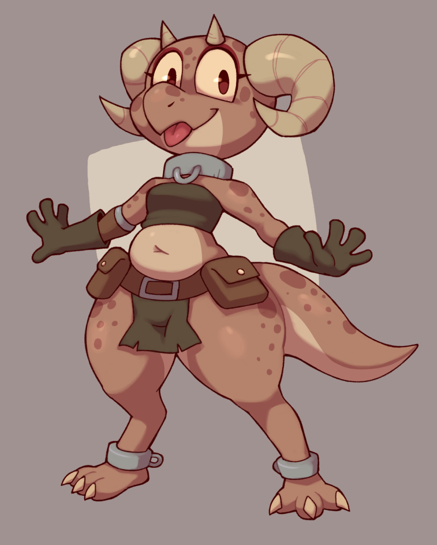 belt blep bottomwear brown_body claws clothing cuff_(restraint) female gloves handwear hi_res horn kobold loincloth markings piko_(simplifypm) reptile restraints scalie shackles solo spots spotted_markings thick_thighs toe_claws tongue tongue_out vymbiosis