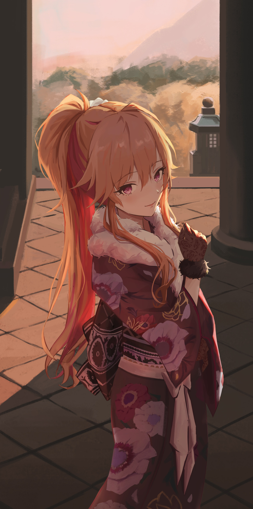1girl absurdres architecture blush closed_mouth dawn east_asian_architecture floral_print flower fur-trimmed_gloves fur-trimmed_kimono fur_trim gloves hair_between_eyes hair_extensions hair_flower hair_ornament hair_over_shoulder highres idolmaster idolmaster_cinderella_girls idolmaster_cinderella_girls_starlight_stage japanese_clothes kimono lace lace_gloves long_bangs long_hair long_sleeves looking_at_viewer multicolored_hair new_year ninomiya_asuka obi official_alternate_costume official_alternate_hair_length official_alternate_hairstyle orange_hair print_kimono purple_eyes purple_kimono qingli_ye sash sidelocks smile solo standing two-tone_hair very_long_hair wide_sleeves