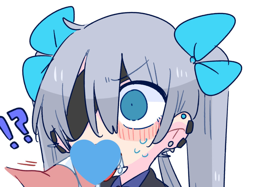 !? 1boy blue_bow blue_eyes blue_shirt blush bow censored collared_shirt commentary cum cum_in_mouth earrings eyepatch formal furrowed_brow grey_hair hair_between_eyes hair_bow heart heart_censor highres jewelry long_hair looking_at_another low_twintails male_focus one_eye_covered op_na_yarou open_mouth original otoko_no_ko penis quad_tails rigel_(op_na_yarou) shirt simple_background suit surprised sweat tongue tongue_out twintails white_background wide-eyed