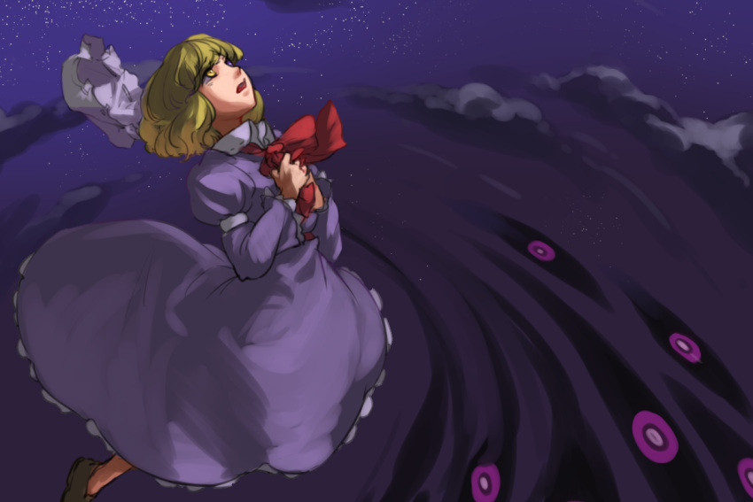 1girl amayadori-tei blonde_hair bow bowtie brown_footwear collared_dress commentary_request dress frilled_dress frills full_body hat juliet_sleeves long_dress long_sleeves maribel_hearn mob_cap open_mouth puffy_sleeves purple_dress purple_eyes purple_sky red_bow red_bowtie shoes short_hair sky solo star_(sky) starry_sky touhou white_headwear yellow_eyes