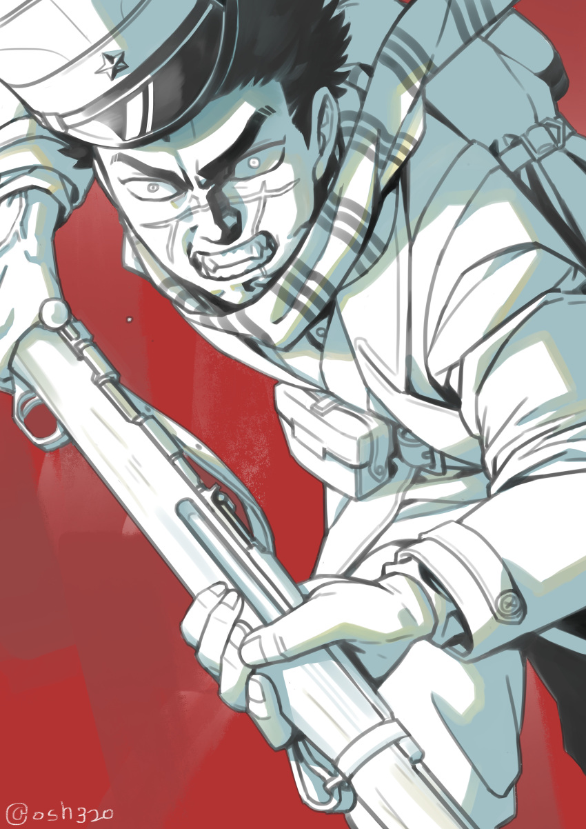 1boy absurdres backpack bag belt belt_pouch bolt_action charging_forward clenched_teeth coat commentary_request cowboy_shot floating_hat glaring golden_kamuy greyscale_with_colored_background grimace gun hat highres holding holding_gun holding_weapon kepi long_sleeves looking_at_viewer male_focus military_hat military_uniform mushroom_(osh320) pants pouch red_background rifle scar scar_on_face scarf short_hair solo striped striped_scarf sugimoto_saichi teeth twitter_username uniform unworn_headwear veins weapon wide-eyed