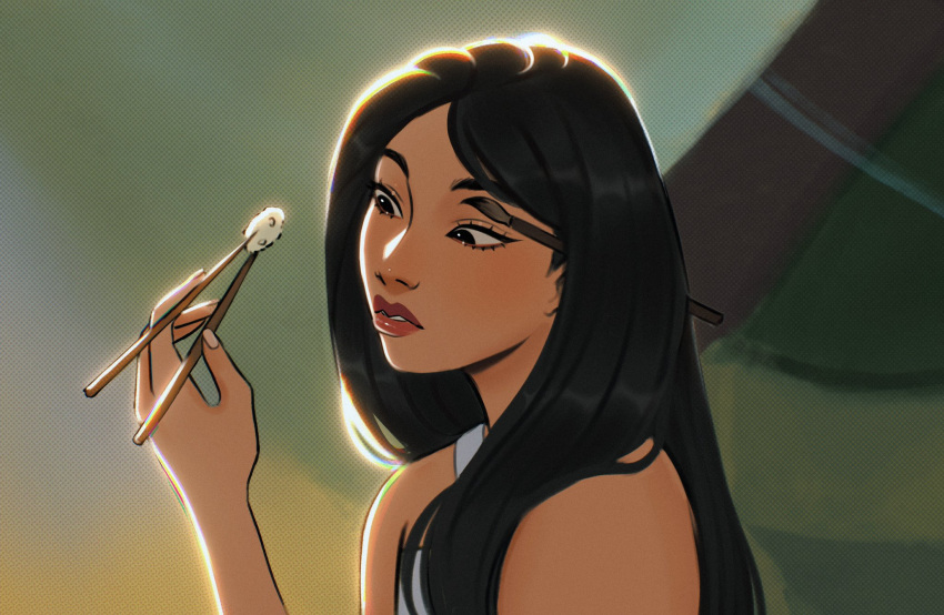 1girl black_eyes black_hair chopsticks close-up commentary_request disney fa_mulan_(disney) gittanart highres holding holding_chopsticks long_hair looking_at_object mulan pink_lips portuguese_commentary solo upper_body