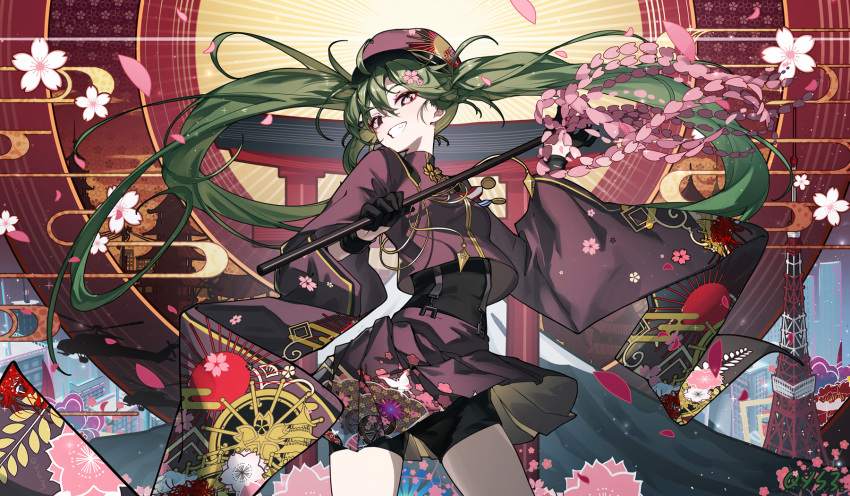 1girl architecture artist_name black_eyes black_gloves black_shorts breasts cherry_blossoms chinese_commentary clenched_teeth commentary_request cowboy_shot east_asian_architecture falling_petals floating_hair flower flower-shaped_pupils gloves green_hair hair_between_eyes hair_flower hair_ornament hatsune_miku highres long_hair long_sleeves looking_at_viewer partial_commentary petals purple_headwear purple_skirt qys3 senbonzakura_(vocaloid) shorts skirt small_breasts solo sunburst suspender_skirt suspenders symbol-shaped_pupils teeth tokyo_tower torii twintails uniform very_long_hair vocaloid wide_sleeves