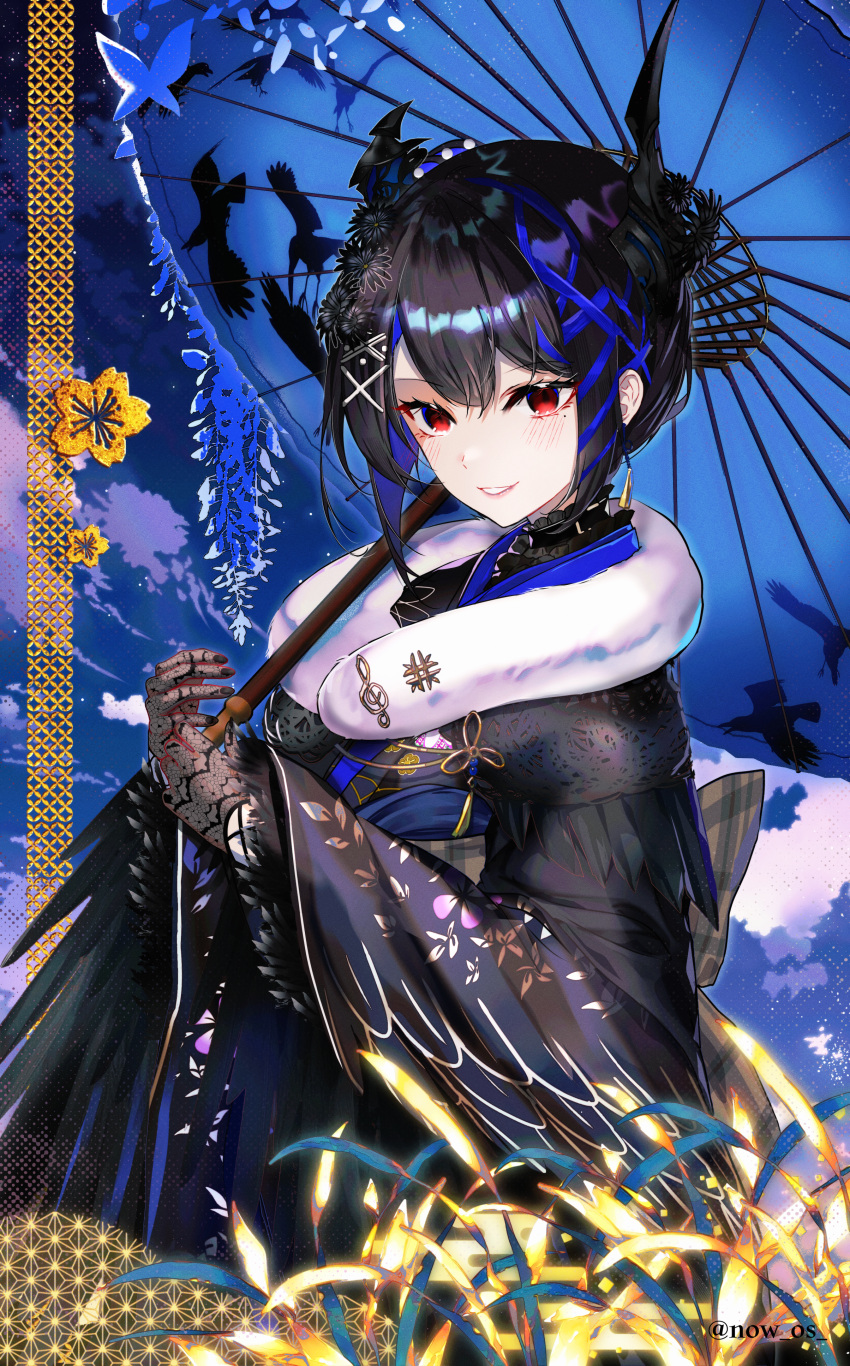 1girl absurdres asymmetrical_horns black_hair black_kimono blue_hair blush colored_inner_hair demon_horns feather-trimmed_kimono hair_ornament highres hololive hololive_english horns japanese_clothes kimono looking_at_viewer mole mole_under_eye multicolored_hair nerissa_ravencroft nerissa_ravencroft_(new_year) official_alternate_costume official_alternate_hairstyle red_eyes solo sowon uneven_horns virtual_youtuber