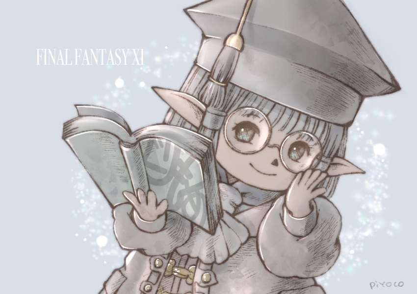 1girl adjusting_eyewear adventurer_(ff11) artist_name ascot book closed_mouth copyright_name final_fantasy final_fantasy_xi hair_tubes hat holding holding_book jacket long_sleeves mortarboard open_book piyoco pointy_ears puffy_long_sleeves puffy_sleeves round_eyewear scholar_(final_fantasy) short_hair smile solo tarutaru tassel