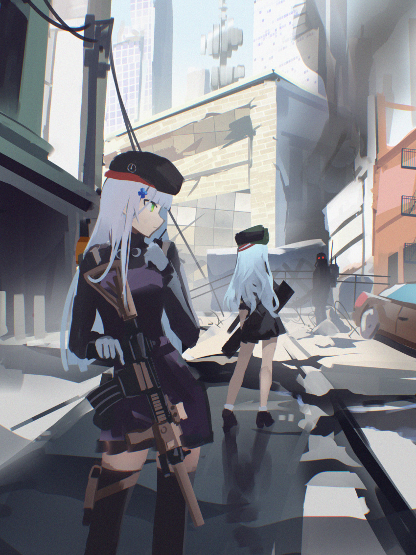 1other 2girls assault_rifle beret black_footwear black_headwear black_thighhighs blue_hair building car city closed_mouth contrapposto danraz0r english_commentary facing_away fire_escape g11_(girls'_frontline) girls'_frontline gloves green_eyes grey_hair gun h&amp;k_g11 h&amp;k_hk416 hat highres hk416_(girls'_frontline) holding holding_gun holding_radio holding_weapon holster light_blue_hair long_hair long_sleeves looking_to_the_side military motor_vehicle multiple_girls outdoors paid_reward_available power_lines profile radio_antenna red_eyes rifle road ruins sketch_background skirt standing street thigh_holster thighhighs trigger_discipline utility_pole weapon white_gloves wide_shot zettai_ryouiki