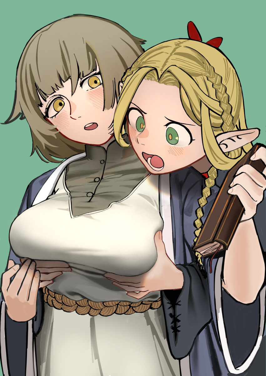 2girls absurdres blonde_hair blue_robe book braid breasts choker cloud_nine_(798392138) dungeon_meshi elf falin_thorden green_background green_eyes groping highres holding holding_book large_breasts light_blush long_hair long_sleeves marcille_donato multiple_girls pointy_ears red_choker red_ribbon ribbon robe rope_belt short_hair yellow_eyes