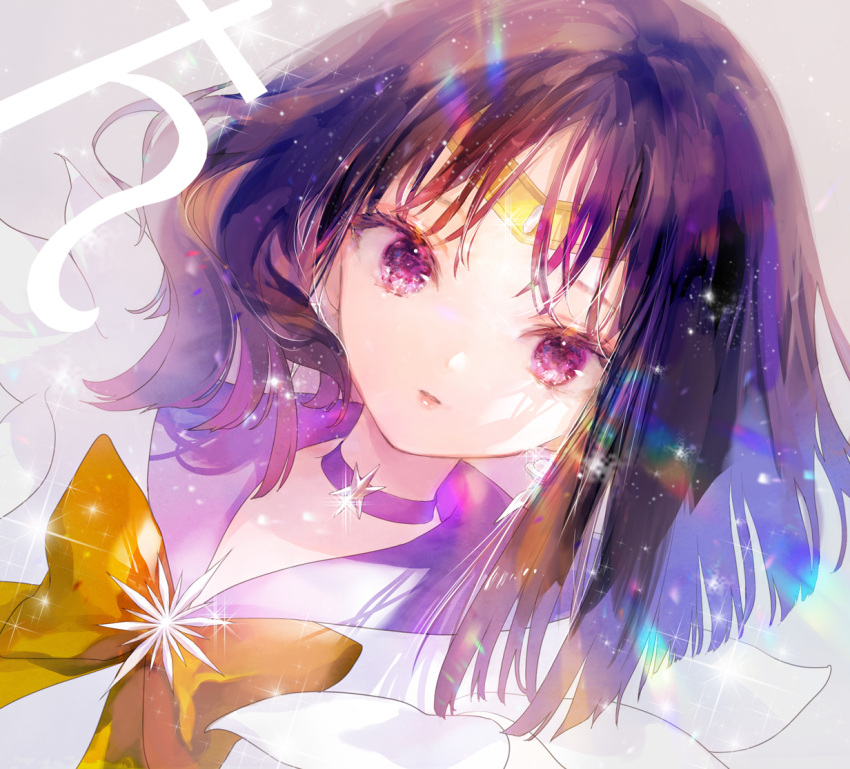 1girl 888myrrh888 bishoujo_senshi_sailor_moon black_hair bow brooch brown_bow choker circlet dot_nose earrings expressionless eyelashes grey_background jewelry looking_at_viewer magical_girl medium_hair multicolored_hair parted_lips purple_choker purple_eyes purple_hair purple_sailor_collar sailor_collar sailor_saturn sailor_senshi_uniform saturn_symbol simple_background solo star_(symbol) star_brooch star_choker tomoe_hotaru