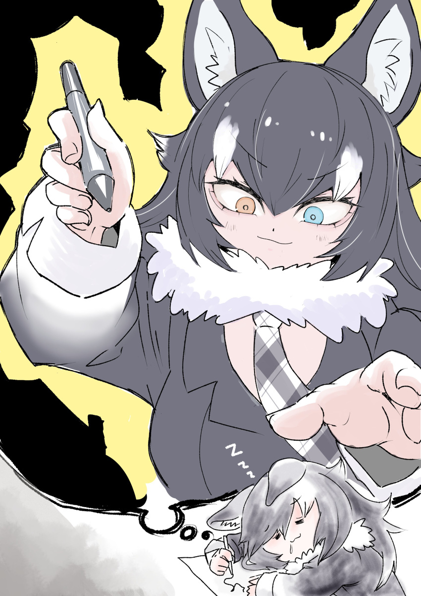 1girl :3 =_= absurdres animal_ears arm_up black_hair blue_eyes closed_mouth drawing dreaming ears_down fur_collar grey_wolf_(kemono_friends) head_rest heterochromia highres holding holding_pen jacket kemono_friends long_sleeves multicolored_hair necktie nenkou-san orange_eyes pen plaid_necktie sleeping smile solo thought_bubble two-tone_hair white_hair wolf_ears zzz