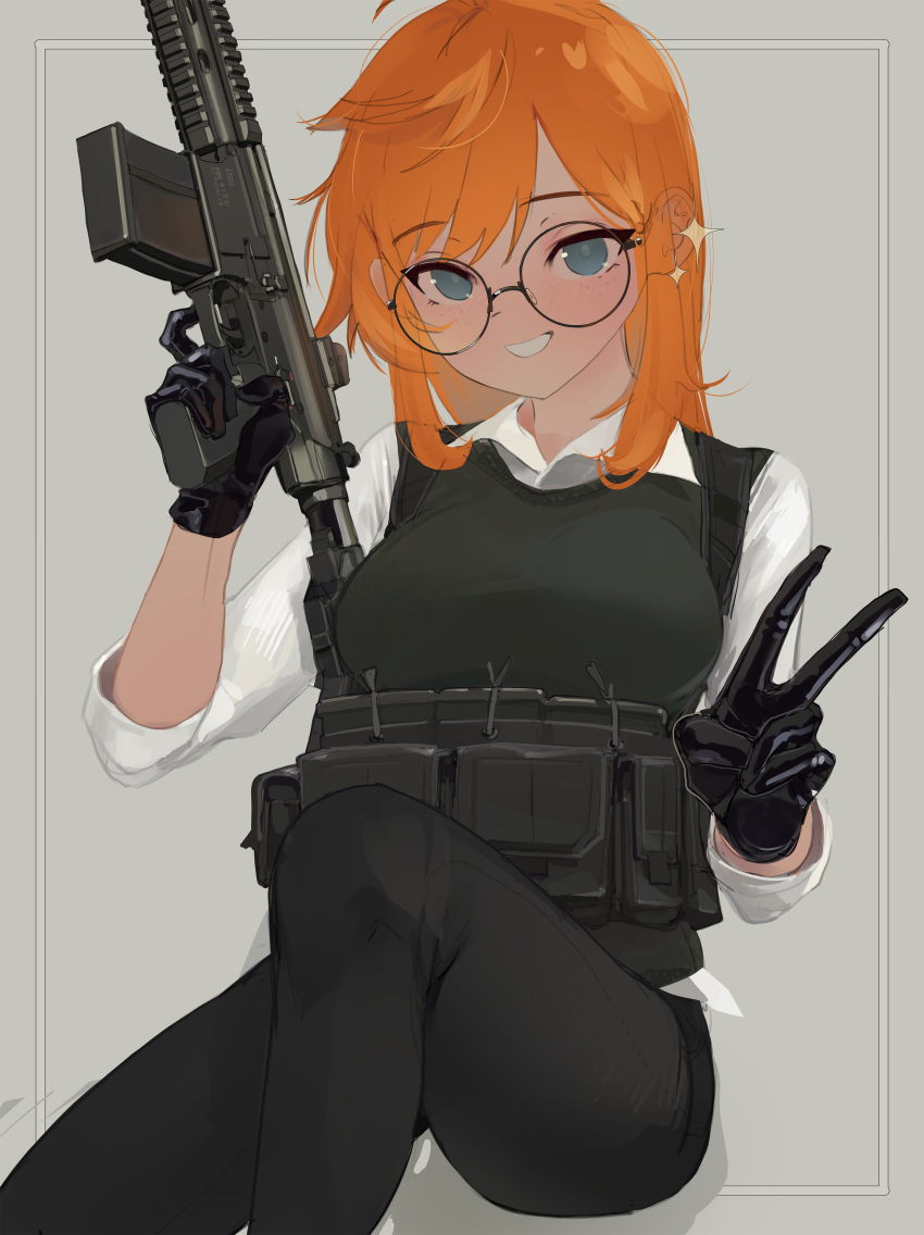 1girl :d absurdres assault_rifle black_pants black_sweater_vest blue_eyes ears_visible_through_hair glasses gloves gun haenel_mk556 highres load_bearing_equipment orange_hair original pants polilla rifle shirt sidelocks smile solo sparkle sweater sweater_vest trigger_discipline v weapon white_shirt