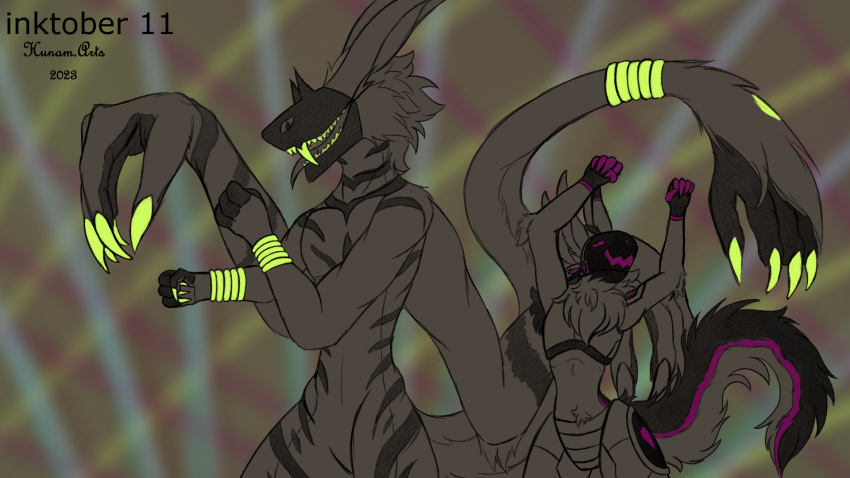 anthro claws dancing duo fangs female fur fur_markings fur_pattern grabuki hi_res hunamarts machine male markings protogen protogen_visor shizuka(protogen) shun_(grabuki) teeth visor