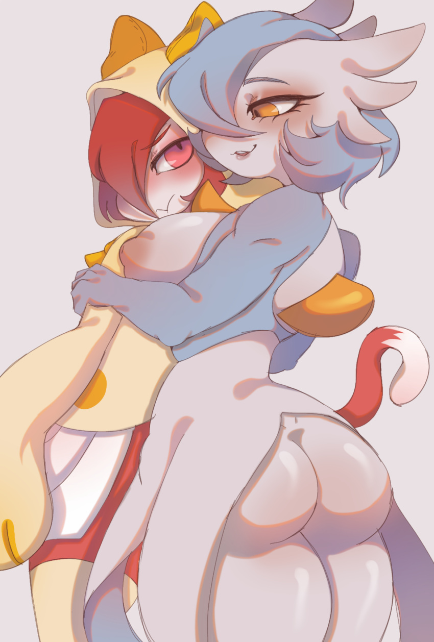 adopted_(lore) adopted_son_(lore) anthro blazblue blush bottomwear breasts butt chachan_(artist) clothed clothing dress duo embrace female gardevoir generation_3_pokemon gloves handwear hi_res hoodie hug hugging_from_behind kaka_clan kaka_kirlia kirlia legwear looking_at_another looking_at_viewer looking_embarrassed male male/female mother_(lore) nintendo nipples parent_(lore) paw_gloves pokemon pokemon_(species) pouty shiny_pokemon skirt stockings taokaka topwear white_tail_tip wide_sleeves