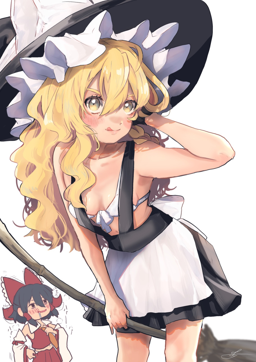 alternate_costume apron armpits ascot black_hair blonde_hair blush bow bra braid breasts detached_sleeves drooling frills gloves hair_bow hair_tubes hakurei_reimu hat hat_bow highres japanese_clothes kirisame_marisa licking_lips long_hair looking_at_viewer miko red_shirt red_skirt revealing_clothes shirt short_hair simple_background single_glove skirt skirt_set small_breasts tongue tongue_out touhou uchisaki_himari underwear white_background white_bra witch_hat yellow_eyes