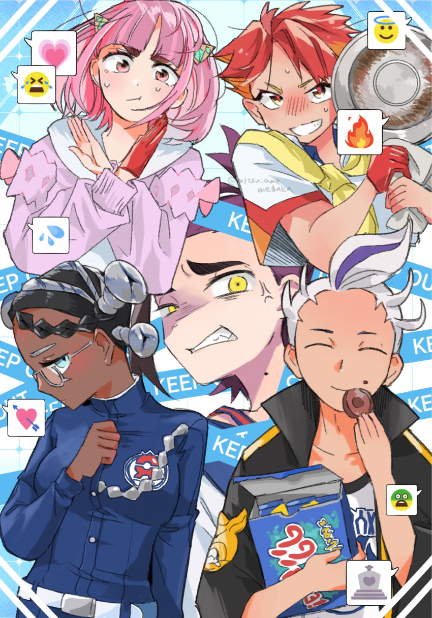 2girls 3boys amarys_(pokemon) arched_bangs black_hair blueberry_academy_school_uniform blush braid buttons cardigan closed_mouth coat collared_shirt crispin_(pokemon) dark-skinned_female dark_skin drayton_(pokemon) emoji eyelashes frying_pan glasses gloves green_eyes hair_between_eyes hair_ornament hairband hairclip highres holding jacket keep_out kieran_(pokemon) lacey_(pokemon) long_sleeves looking_at_viewer mismatched_eyebrows mitsuame mole mole_on_neck multicolored_hair multiple_boys multiple_girls neckerchief open_clothes open_mouth orange_hair pink_hair pokemon pokemon_sv purple_hair quad_tails red_gloves red_hair school_uniform semi-rimless_eyewear shirt short_hair single_braid single_glove smile two-tone_hair white_hair white_shirt yellow_eyes