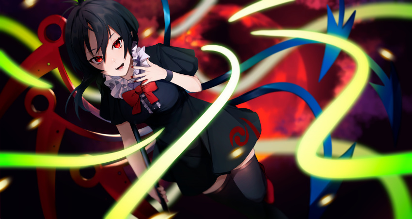 1girl 4737536 absurdres asymmetrical_wings black_dress black_hair black_thighhighs blue_wings bow bowtie dress highres houjuu_nue looking_at_viewer open_mouth polearm red_bow red_bowtie red_eyes red_wings short_dress solo thighhighs touhou weapon wings