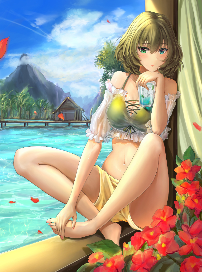 1girl absurdres barefoot blue_eyes blue_sky blush breasts bridge cleavage cloud crop_top cross-laced_clothes cup curtains eyebrows_behind_hair flower green_eyes green_hair hair_between_eyes heterochromia hibiscus highres holding holding_cup ice ice_cube idolmaster idolmaster_cinderella_girls indian_style knees_up leaf looking_at_viewer medium_breasts mole mole_under_eye mountain nail_polish navel nyome991 off_shoulder outdoors petals red_flower shack short_hair shorts sitting sky smile takagaki_kaede toenail_polish toenails toes tree tropical_drink water windowsill yellow_shorts