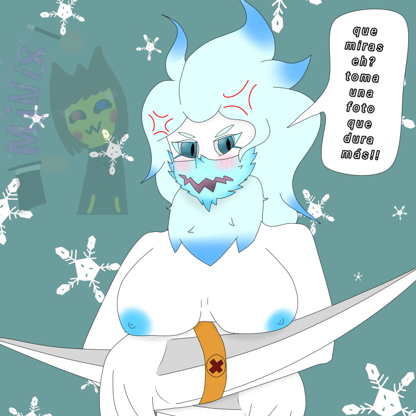 angry_expression breasts dragon elemental_creature elemental_dragon female hi_res humanoid ice_dragon mimixenmascarado solo spanish_text text