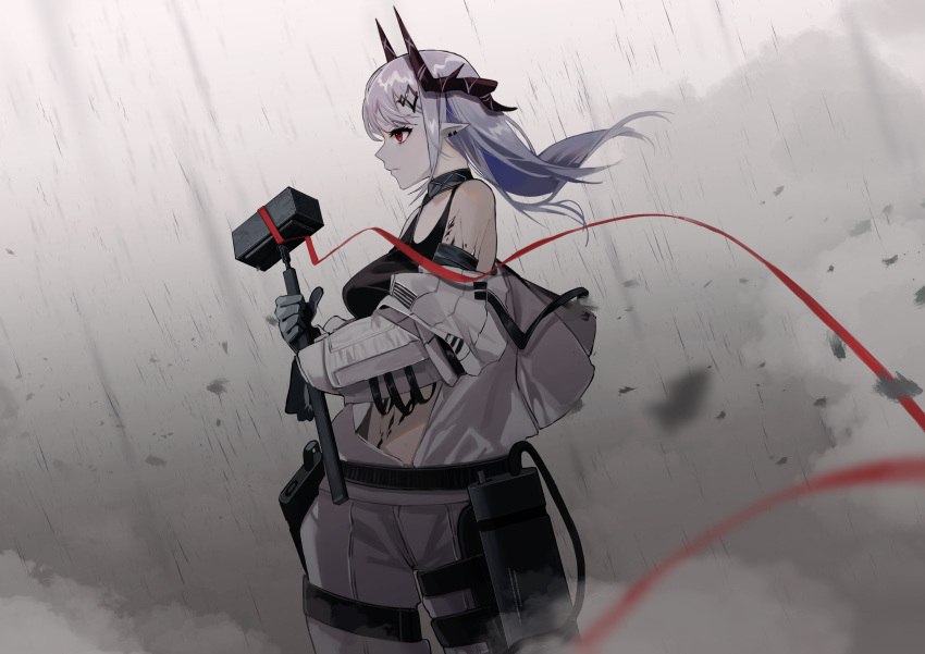 1girl absurdres arknights black_choker black_sports_bra choker demon_horns gloves grey_hair hair_ornament hammer highres holding holding_hammer horns infection_monitor_(arknights) jumpsuit long_hair looking_to_the_side mudrock_(arknights) mudrock_(elite_ii)_(arknights) open_jumpsuit oripathy_lesion_(arknights) pointy_ears red_eyes red_ribbon ribbon sledgehammer solo sports_bra teizen_(rkm8656) war_hammer weapon white_hair white_jumpsuit