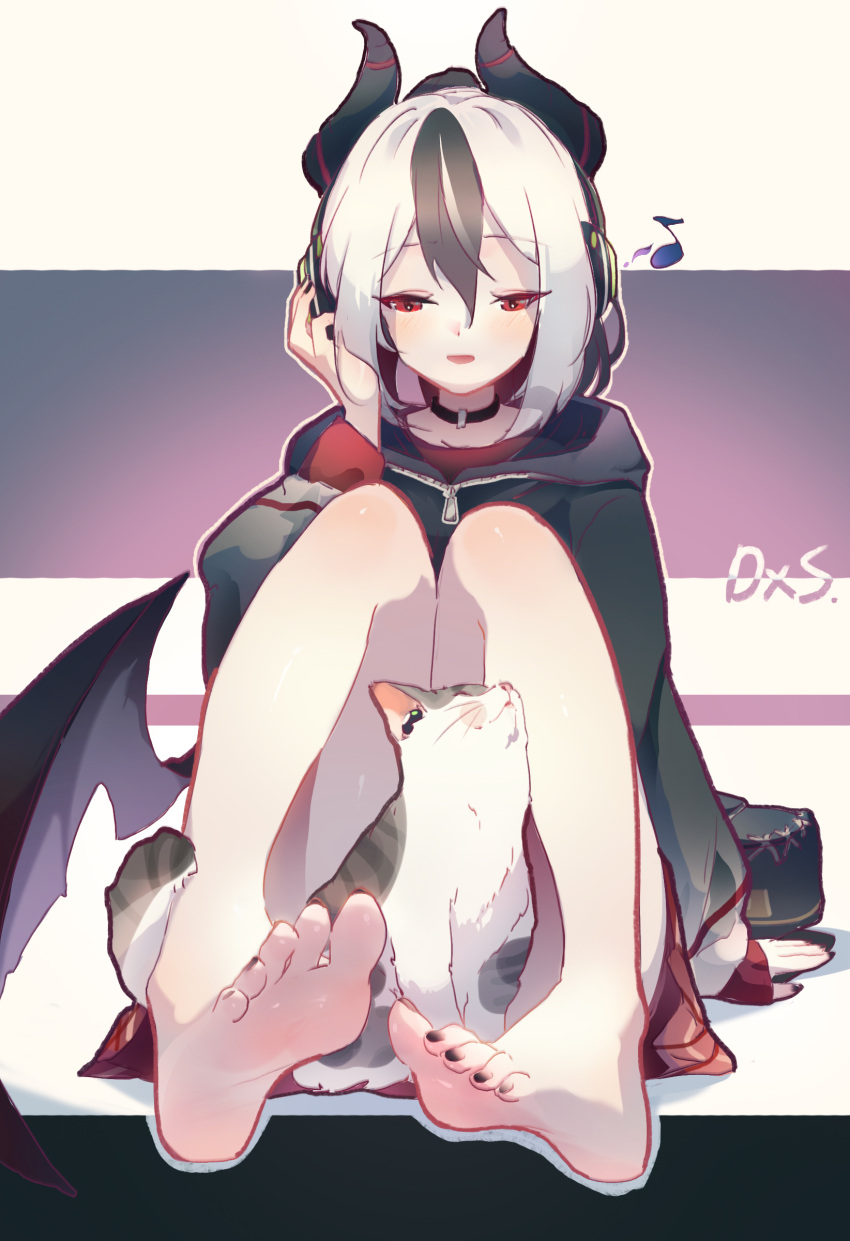 1girl absurdres bare_legs barefoot black_choker black_hoodie black_horns black_nails blue_archive blush cat chinese_commentary choker commentary_request daxieshen_huashi demon_horns demon_wings english_commentary eyelashes feet grey_hair hair_between_eyes headphones highres hood hood_down hoodie horns kayoko_(blue_archive) knees_up legs long_hair long_sleeves looking_at_viewer miniskirt mixed-language_commentary multicolored_hair musical_note nail_polish on_ground open_mouth red_eyes red_skirt shadow signature sitting skirt soles solo streaked_hair toenail_polish toenails toes wings