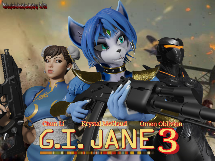 3d_(artwork) anthro blender_(software) breasts canid canine capcom chun-li clothed clothing crossover digital_media_(artwork) epic_games female fortnite fox fur group gun hair holding_gun holding_object holding_weapon human humanoid krystal mammal nintendo not_furry oblivion_(fortnite) open_mouth ranged_weapon smokedaddy star_fox street_fighter topwear trio video_games weapon white_body white_fur