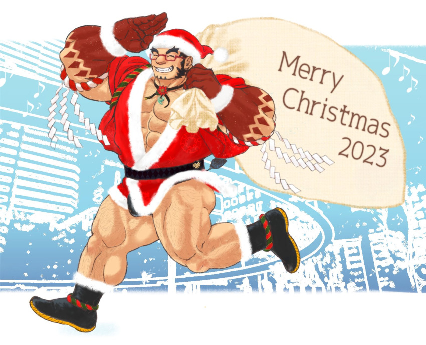 1boy 2023 ^_^ abs alternate_costume ass bara bulge_peek christmas closed_eyes facial_hair from_side full_body fur-trimmed_headwear fur_trim glasses grin hachimaki hairy hat headband highres large_hands large_pectorals male_focus mature_male merry_christmas muscular muscular_male nejiri_hachimaki no_pants pectoral_cleavage pectorals red_headwear sack salute santa_costume santa_hat short_hair smile solo sparse_chest_hair tajikarao_(housamo) teriyaki_(gqtne7ymkx71079) thick_eyebrows thick_leg_hair thick_thighs thighs tokyo_afterschool_summoners tusks