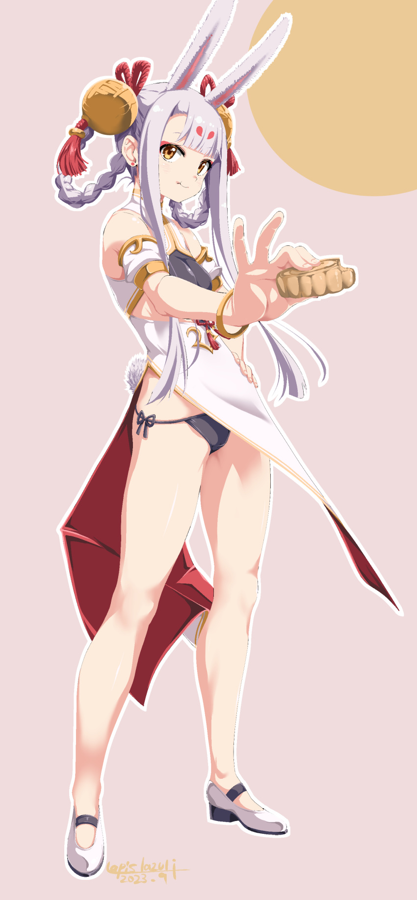 1girl absurdres animal_ears azur_lane black_panties bracelet braid brown_eyes china_dress chinese_clothes commentary_request dress food full_body grey_hair hair_ornament hair_rings hand_on_own_hip highres jewelry legs legs_apart long_hair outstretched_arm panties pelvic_curtain rabbit_ears rabbit_girl rabbit_tail revision shimakaze_(azur_lane) shimakaze_(clumsy_moon_rabbit)_(azur_lane) shoes side-tie_panties sleeveless sleeveless_dress smile solo tail thighs twin_braids umyonge_(lkakeu) underwear white_dress white_footwear wind wind_lift