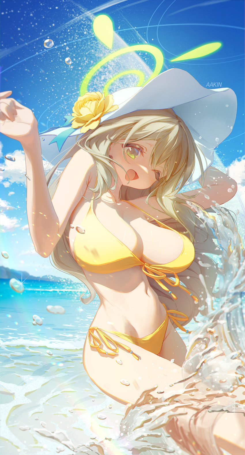 1girl aakin5349 arms_up bare_shoulders bikini blonde_hair blue_archive blush breasts cleavage commentary_request flower groin hair_between_eyes halo hat highres korean_commentary large_breasts long_hair looking_at_viewer navel nonomi_(blue_archive) nonomi_(swimsuit)_(blue_archive) ocean open_mouth outdoors side-tie_bikini_bottom solo strap_gap string_bikini sun_hat swimsuit yellow_eyes yellow_flower yellow_halo