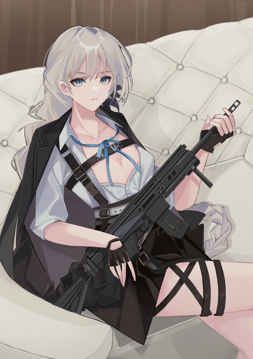 1girl absurdres apc556_(girls'_frontline) assault_rifle b&amp;t_apc556 black_jacket braid breasts chest_harness cleavage collared_shirt commission couch crossed_legs expressionless fingerless_gloves french_braid girls'_frontline gloves green_eyes grey_hair gun harness highres jacket jacket_on_shoulders long_hair neck_ribbon pixiv_commission ribbon rifle shirt sitting skirt solo teizen_(rkm8656) thigh_strap very_long_hair weapon white_shirt