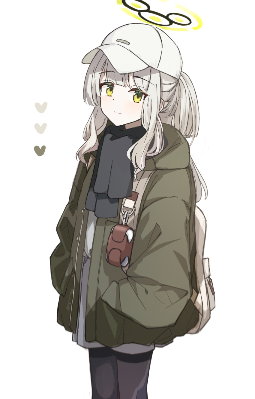 1girl absurdres black_pantyhose black_scarf blue_archive blush closed_mouth deen_(hnxp8555) feet_out_of_frame green_eyes green_jacket grey_hair grey_shorts halo hands_in_pockets hare_(blue_archive) hare_(camp)_(blue_archive) hat highres hood hooded_jacket jacket long_hair long_sleeves open_clothes open_jacket pantyhose ponytail scarf shirt shorts simple_background solo white_headwear white_shirt