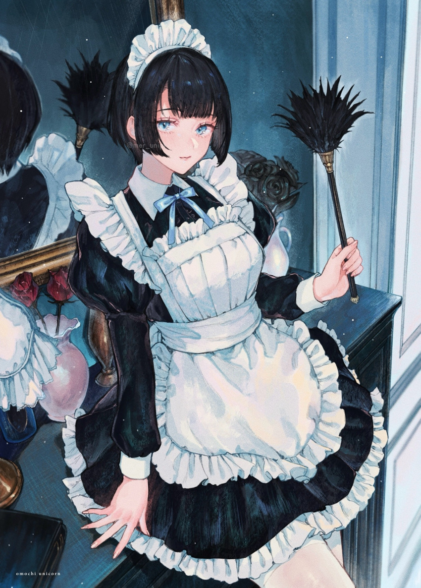 1girl apron arm_at_side artist_name black_dress black_flower black_hair black_rose blue_eyes blue_ribbon blue_theme blunt_bangs book breasts center_frills collared_dress dress duster english_commentary eyelashes feather_duster fingernails flower flower_pot frilled_apron frilled_dress frills highres holding holding_duster indoors juliet_sleeves lamp leaning_on_object light_particles light_smile long_sleeves looking_at_viewer maid maid_apron maid_headdress medium_breasts mirror nail_polish neck_ribbon original pleated_dress puffy_short_sleeves puffy_sleeves red_flower red_rose reflection ribbon rose short_dress short_hair short_sleeves sidelocks solo thighhighs twitter_username uni_(melm) white_apron wing_collar