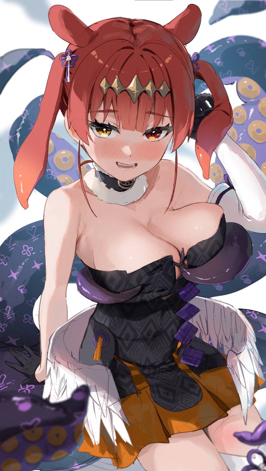 1girl black_dress black_gloves blush breasts cleavage collar cosplay detached_collar detached_sleeves dress gloves haru_yu heterochromia highres hololive hololive_english houshou_marine large_breasts long_hair looking_at_viewer ninomae_ina'nis ninomae_ina'nis_(1st_costume) ninomae_ina'nis_(cosplay) red_eyes red_hair single_detached_sleeve single_thighhigh smile solo strapless strapless_dress tentacle_hair tentacles thighhighs tube_dress two_side_up very_long_hair virtual_youtuber white_collar white_sleeves white_thighhighs yellow_eyes