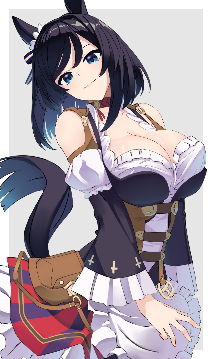 1girl absurdres animal_ears bare_shoulders black_hair blue_eyes bodice border breasts cleavage clothing_cutout commentary_request detached_sleeves dirndl dress ear_ornament eishin_flash_(umamusume) frilled_dress frills german_clothes grey_background highres horse_ears horse_tail large_breasts long_sleeves looking_at_viewer medium_hair pouch puffy_sleeves reibun_(raven1119) simple_background smile solo tail umamusume white_border