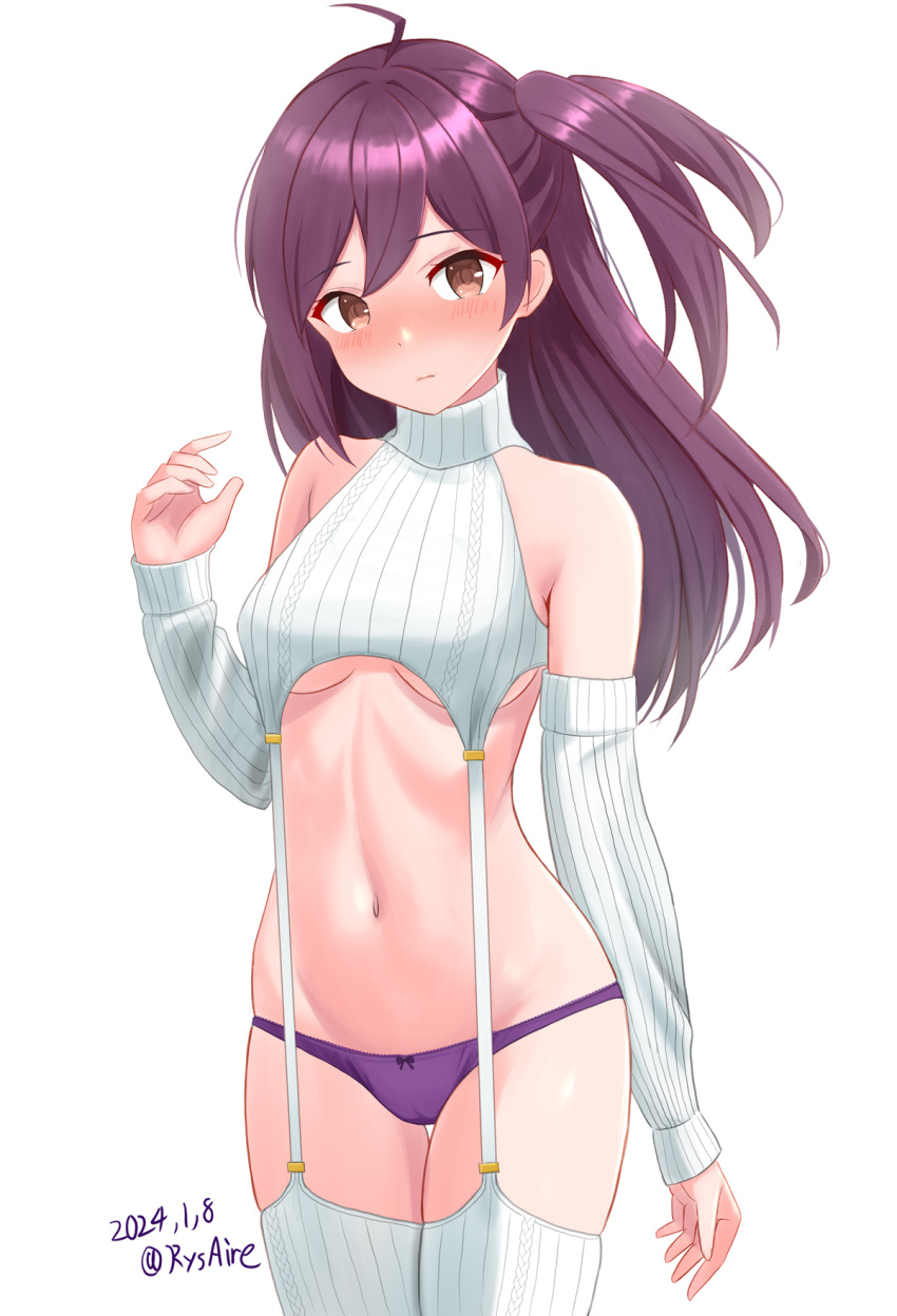 1girl ahoge alternate_costume ame-san aran_legwear blush breasts brown_eyes cowboy_shot detached_sleeves garter_straps hagikaze_(kancolle) highres kantai_collection long_hair looking_at_viewer medium_breasts meme_attire navel one_side_up panties purple_hair purple_panties ribbed_legwear ribbed_panties ribbed_sleeves ribbed_sweater ribbed_thighhighs sleeveless sleeveless_sweater sleeveless_turtleneck solo standing sweater turtleneck turtleneck_sweater underboob underwear virgin_destroyer_sweater white_background white_garter_straps white_sweater