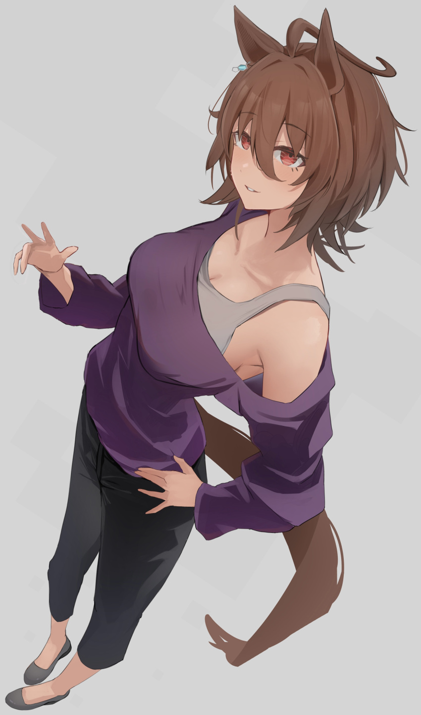 1girl absurdres agnes_tachyon_(umamusume) ahoge animal_ears armpits black_footwear black_pants breasts brown_hair casual earrings grey_background highres horse_ears horse_girl horse_tail jewelry medium_breasts off_shoulder pants purple_shirt red_eyes sei_(bigaa) shirt short_hair simple_background single_earring solo sports_bra tail umamusume