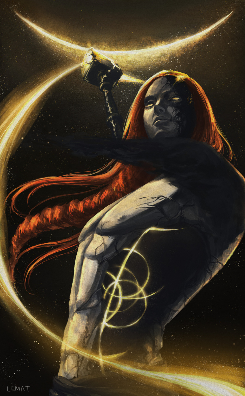1boy absurdres braid cracked_skin elden_ring false_arm gold_aura hammer highres holding holding_hammer hole_in_chest hole_in_head hole_on_body lemat1581 long_braid long_hair muscular muscular_male radagon_of_the_golden_order raise_hammer red_hair single_braid topless_male yellow_eyes