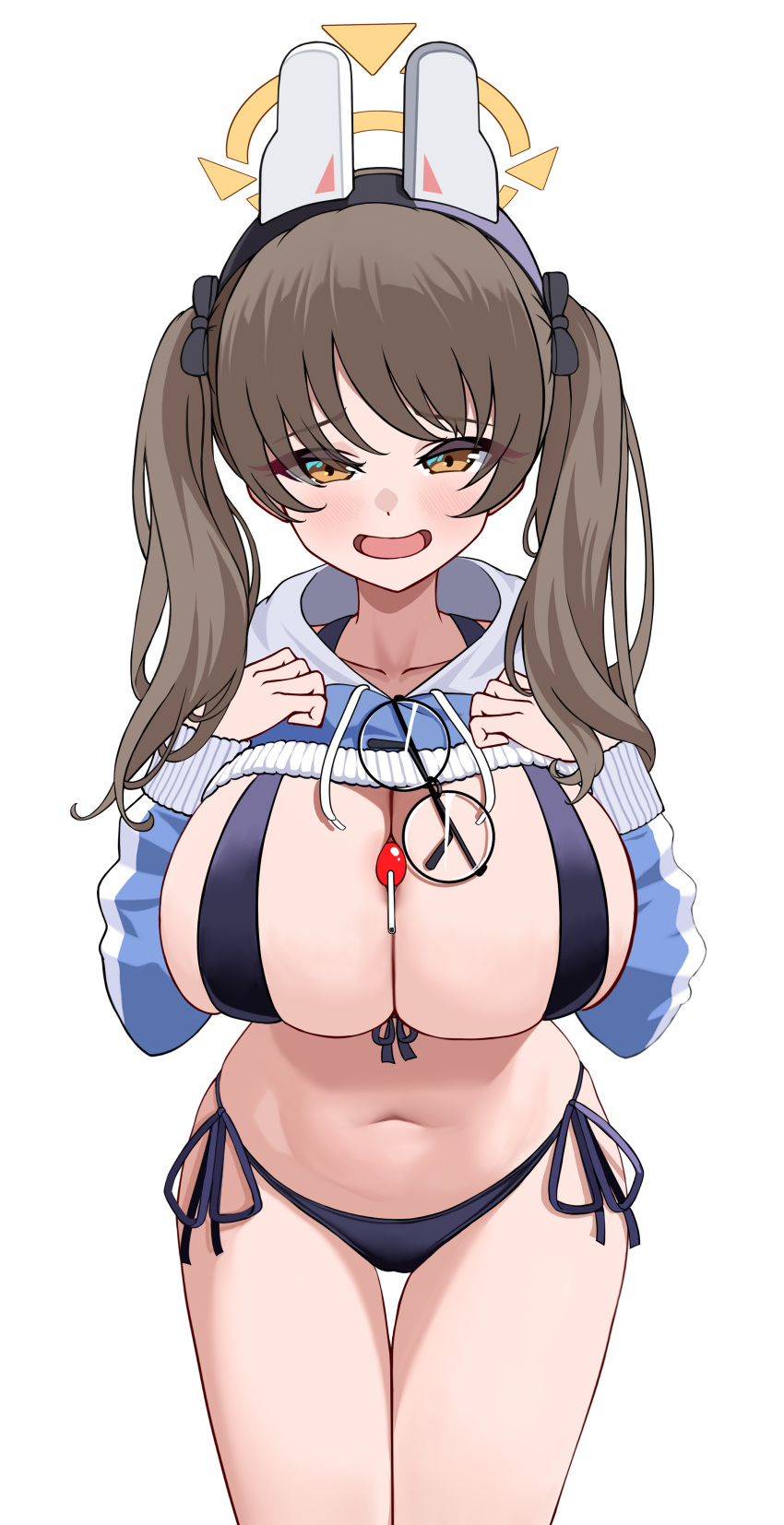 1girl 82jhin absurdres animal_ears bikini black_bikini blue_archive blue_hoodie blush breasts brown_eyes brown_hair candy cleavage cowboy_shot fake_animal_ears food front-tie_bikini_top front-tie_top glasses halo highres hood hoodie large_breasts lollipop long_hair long_sleeves looking_at_viewer low_twintails moe_(blue_archive) moe_(swimsuit)_(blue_archive) official_alternate_costume open_mouth rabbit_ears side-tie_bikini_bottom simple_background smile solo swimsuit twintails unworn_eyewear white_background yellow_halo