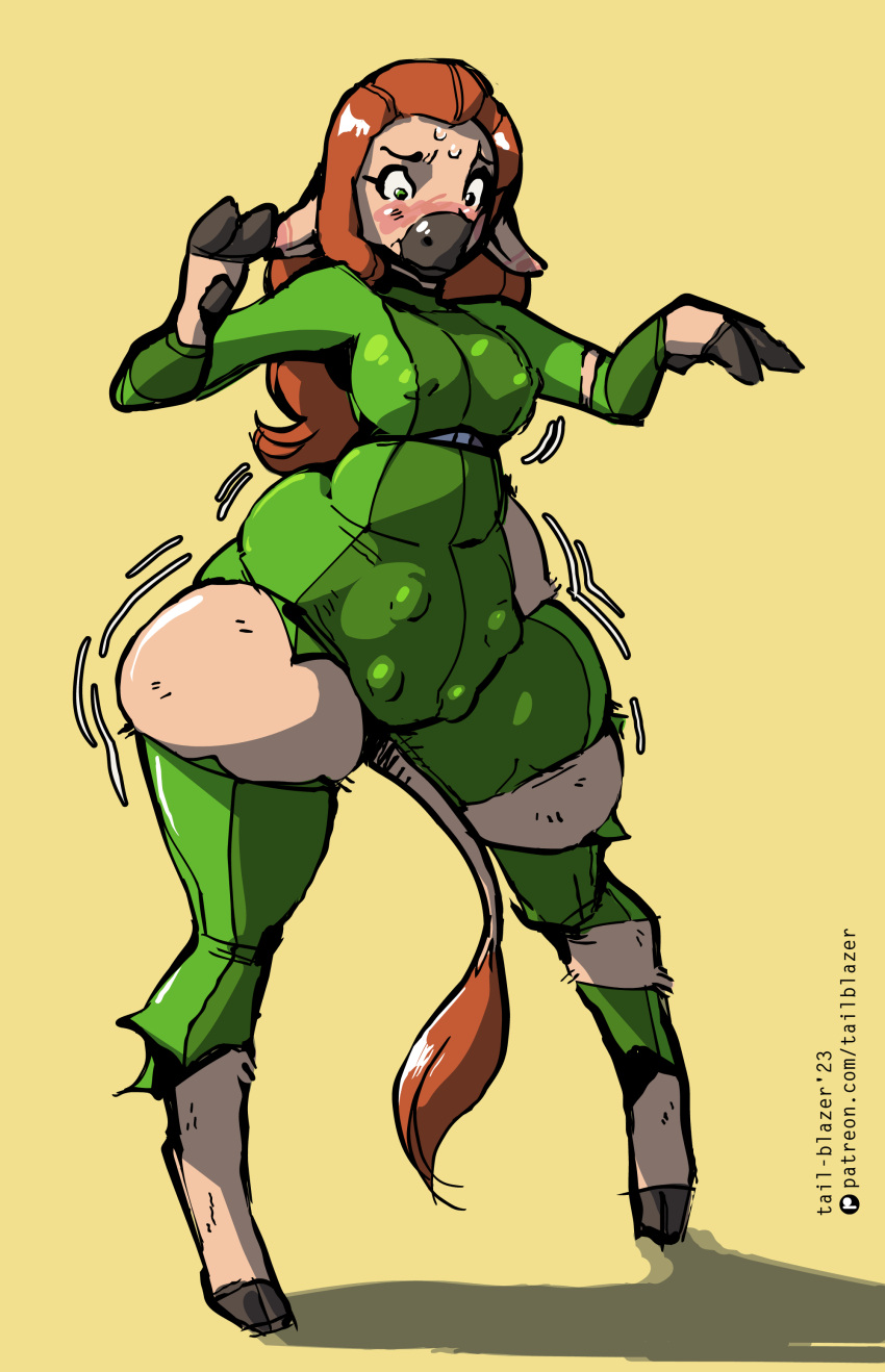 2023 absurd_res alternate_species anthro big_breasts biped bodysuit bovid bovine breasts brown_hair cattle clothing female fingers furrification green_bodysuit green_eyes green_skinsuit hair hi_res hooved_fingers hooves mammal nipple_outline sam_(totally_spies!) simple_background skinsuit solo standing tail-blazer teats tight_clothing torn_bodysuit torn_clothing totally_spies! transformation udders