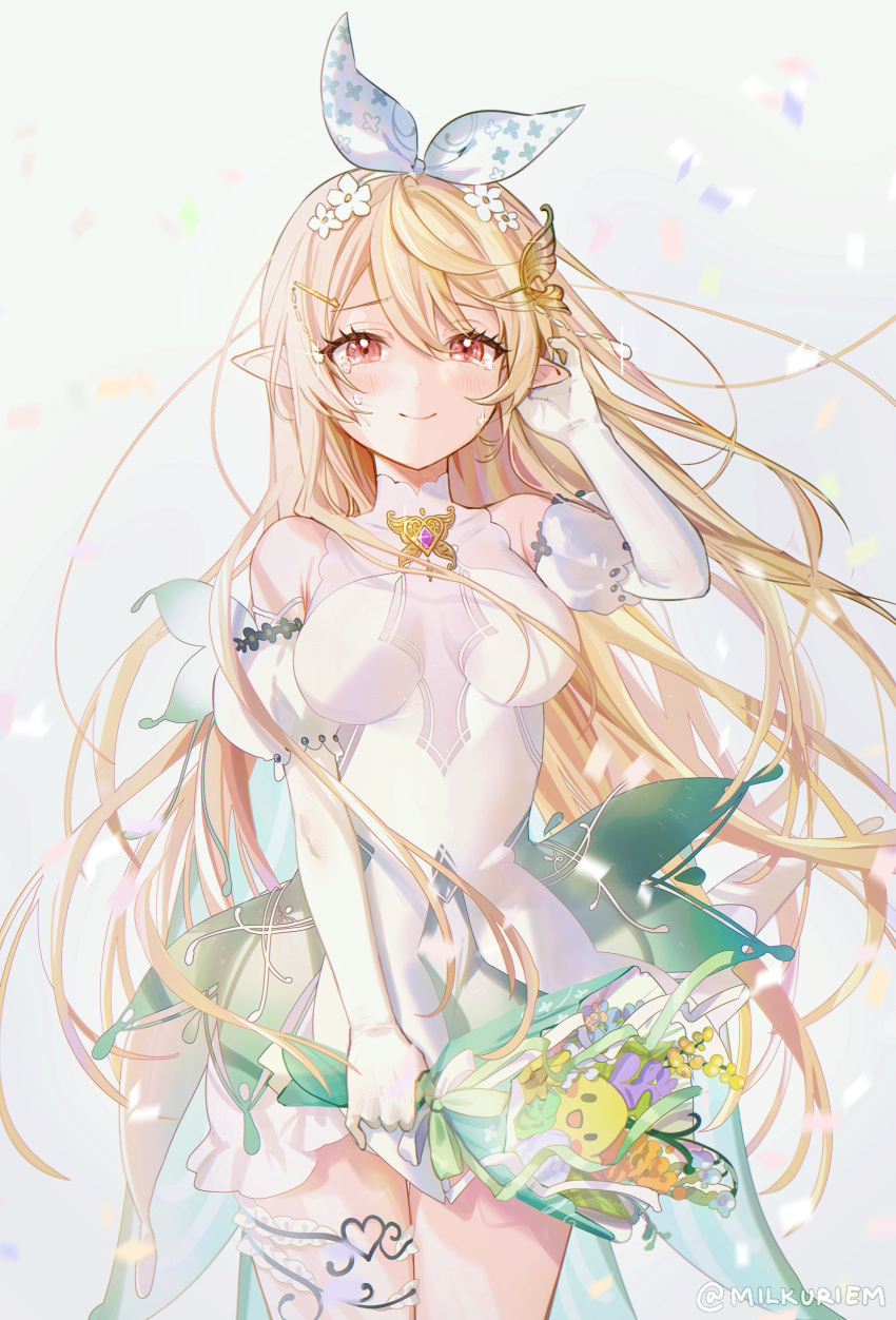 1girl absurdres alternate_costume blonde_hair bouquet bow crying crying_with_eyes_open dress elbow_gloves gloves hair_bow highres holding holding_bouquet long_hair milkuriem nijisanji nijisanji_en orange_eyes pointy_ears pomu_rainpuff pomudachi_(pomu_rainpuff) solo tears very_long_hair virtual_youtuber white_bow white_dress white_gloves