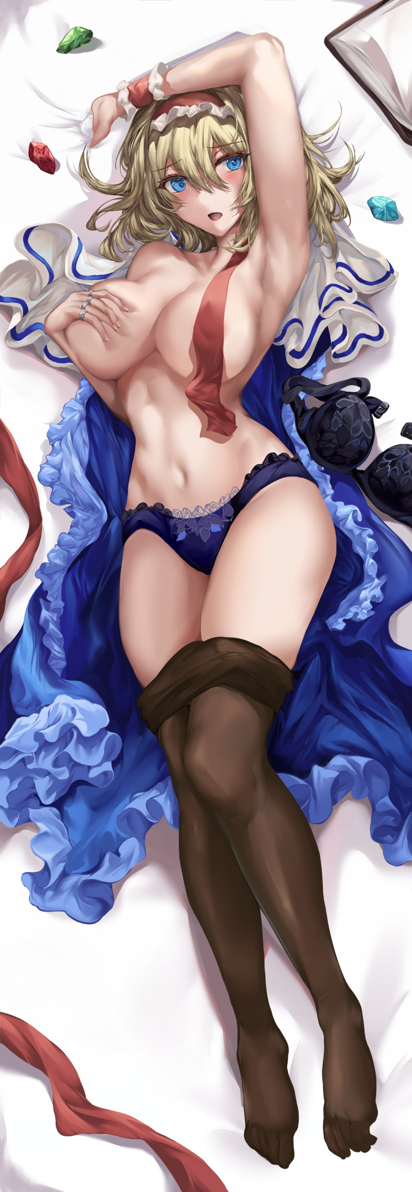 1girl absurdres alice_margatroid armpits ascot_removed bed blonde_hair blue_eyes blue_panties blush bra bra_removed breasts capelet clothes_pull dress gem highres jewelry kaeranu_kaeru large_breasts navel open_clothes open_dress open_mouth panties pantyhose pantyhose_pull presenting_armpit puppet_rings ring simple_background solo touhou underwear undone_ascot white_background white_capelet wrist_cuffs
