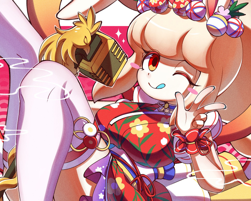 1girl :p animal_ears blush_stickers breasts high_ponytail highres japanese_clothes kimono large_breasts long_hair looking_at_viewer one_eye_closed orange_eyes pipiko. rabbit_ears smile snowrabby solo thighhighs tongue tongue_out youkai_(youkai_watch) youkai_watch