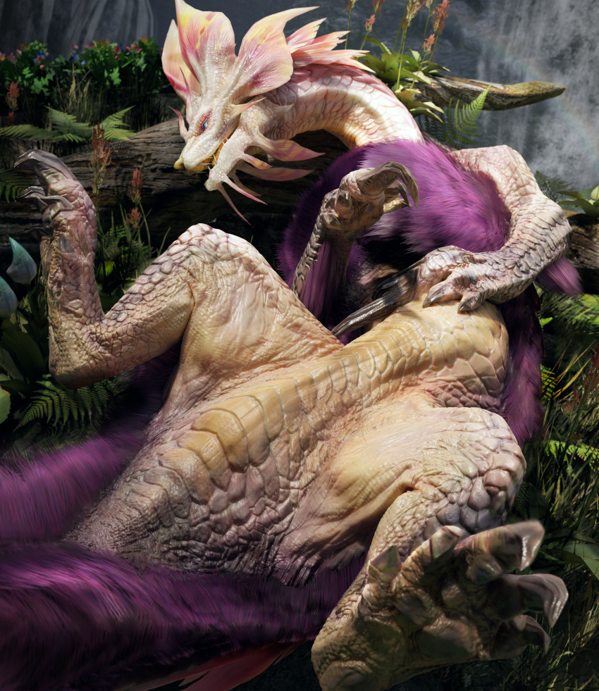 3d_(artwork) absurd_res ambiguous_gender arm_tuft blue_eyes capcom chest_tuft claws detailed_background digital_media_(artwork) feet feral fern fin finger_claws flower fluffy fluffy_chest fluffy_tail fur grass hair hi_res ivorylagiacrus leviathan_(mh) lying male_(lore) mizutsune monster_hunter multicolored_body multicolored_scales on_back on_ground open_mouth outside pink_body pink_scales plant presenting pupils purple_body purple_fur purple_hair rainbow scales scalie sharp_claws sharp_teeth slit_pupils solo spread_legs spreading tail teeth toe_claws tongue trunk tuft waterfall white_body white_scales