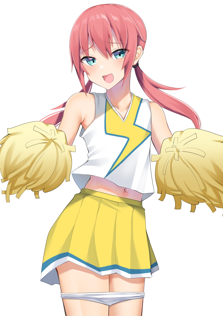 1boy aqua_eyes blush cheerleader collarbone cowboy_shot crossdressing highres holding holding_pom_poms inazuma_eleven_(series) kirino_ranmaru kitajima_yuuki long_hair looking_at_viewer miniskirt navel open_mouth otoko_no_ko panties panty_pull pink_hair pleated_skirt pom_pom_(cheerleading) shirt simple_background skirt sleeveless sleeveless_shirt solo twintails two-tone_shirt underwear variant_set white_background white_panties yellow_skirt