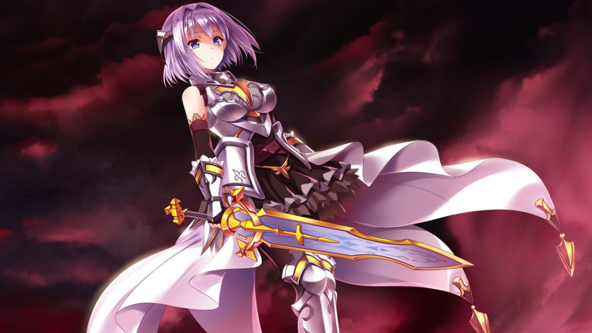 1girl armor armored_boots bangs black_gloves black_skirt black_sleeves blue_eyes boobplate boots breasts closed_mouth cloud cloudy_sky detached_sleeves elbow_gloves faulds fingerless_gloves flare_(senkou_no_clarias) game_cg gloves hair_intakes holding holding_sword holding_weapon layered_skirt long_sleeves medium_breasts medium_hair miniskirt pleated_skirt senkou_no_clarias shiny shiny_hair skirt sky solo standing suzuhira_hiro sword waist_cape weapon white_hair