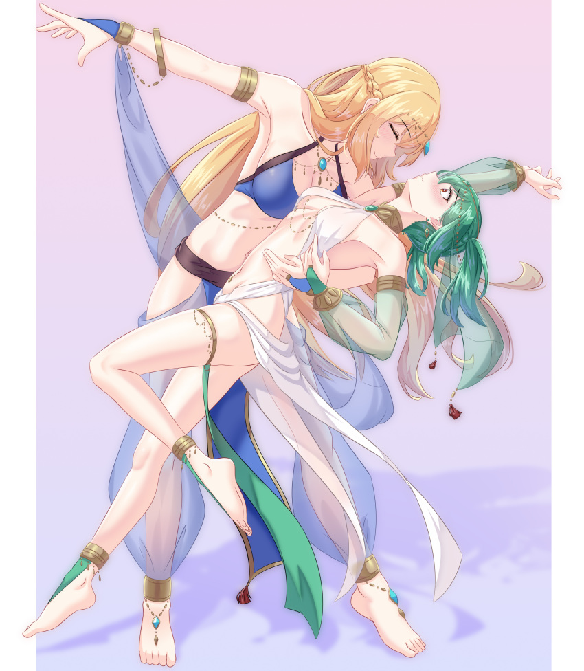 2girls absurdres anklet arm_around_waist armlet barefoot bracelet breasts bridal_gauntlets bridal_legwear brown_eyes character_request circlet closed_eyes collarbone commission copyright_request corsairzero11 dancer dancing detached_sleeves earrings gradient_background green_hair harem_pants highres jewelry long_hair looking_at_another medium_breasts multiple_girls navel necklace pants pelvic_curtain pink_background plantar_flexion purple_background revealing_clothes see-through see-through_legwear see-through_sleeves shadow shawl stomach tassel thighlet twintails two-tone_background veil very_long_hair