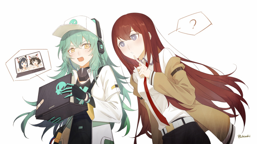 4girls ? antonina_(neural_cloud) artist_name black_gloves black_hair blue_eyes coat computer crossover female_professor_(neural_cloud) finger_to_mouth girls'_frontline girls'_frontline_neural_cloud gloves green_gloves green_hair headphones heart heart_hands hei_chuan_gui highres holding holding_laptop jacket lab_coat laptop makise_kurisu multiple_girls necktie off_shoulder open_clothes open_coat open_jacket open_mouth parted_lips professor_(neural_cloud) red_hair red_necktie shiina_mayuri shirt spoken_question_mark steins;gate two-tone_gloves white_background white_shirt yellow_eyes