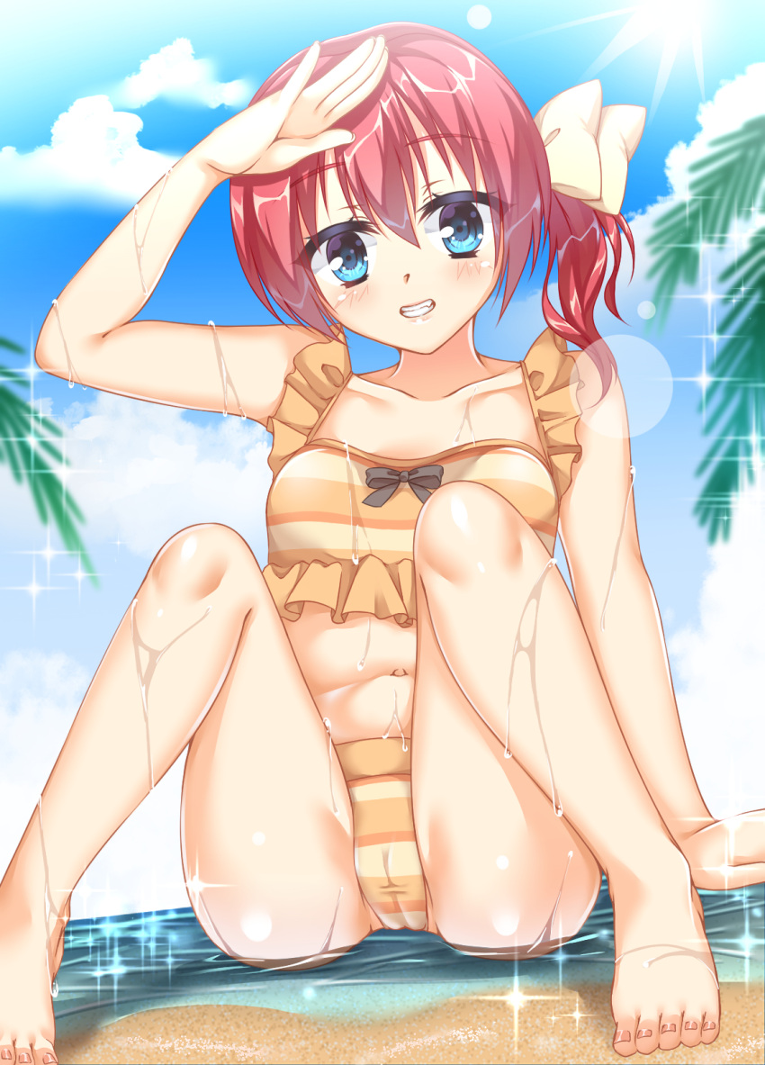 1girl aqua_eyes arm_at_side barefoot bikini blue_sky blush breasts cameltoe collarbone colored_eyelashes commentary_request day eyelashes fang feet foot_out_of_frame fuyukichi_(nikoniko1567) grin hair_between_eyes hand_up highres knees_together_feet_apart looking_at_viewer medium_hair mibu_chisaki navel ocean official_alternate_costume official_alternate_hairstyle orange_bikini outdoors palm_leaf red_hair riddle_joker shading_eyes shiny_skin side_ponytail sitting sky small_breasts smile solo sparkle swimsuit thighs toenails water wet wet_clothes wet_swimsuit