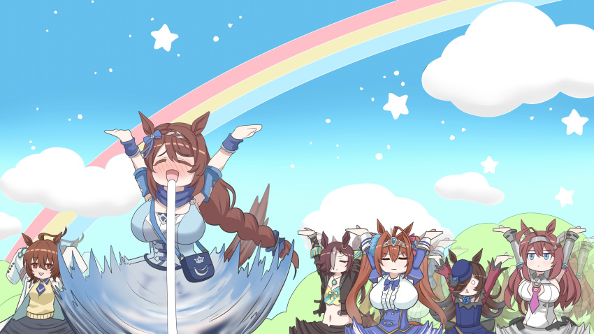 6+girls absurdres agnes_tachyon_(umamusume) animal_ears bag blue_eyes blue_headwear blue_sky blush breasts brown_hair character_request closed_eyes cloud daiwa_scarlet_(umamusume) handbag hands_up highres horse_ears horse_girl kimi_no_koto_ga_dai_dai_dai_dai_daisuki_na_100-nin_no_kanojo kouri_yuni large_breasts long_hair long_sleeves multiple_girls open_mouth rainbow rice_shower_(umamusume) saliva sky star_(sky) super_creek_(umamusume) umamusume