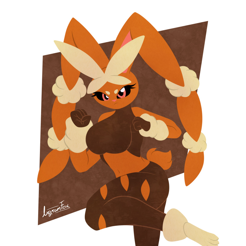 absurd_res blush breasts brown_body brown_fur butt clothing female fur hi_res humanoid irgramfox lagomorph mammal mega_evolution mega_lopunny nintendo pokemon pokemon_(species) simple_background solo