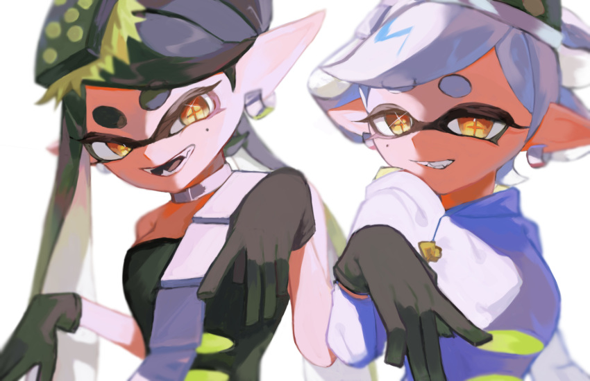 +_+ 2girls bare_arms bare_shoulders black_dress black_gloves black_hair breasts callie_(splatoon) coat collarbone cousins detached_collar dress earrings fangs flipped_hair food food_on_head gloves grey_coat hoop_earrings jewelry kcge5433 long_sleeves marie_(splatoon) mole mole_under_eye multiple_girls object_on_head pointy_ears sharp_teeth short_dress short_ponytail small_breasts splatoon_(series) splatoon_3 squid_girl squidbeak_splatoon strapless strapless_dress sushi swept_bangs teeth tentacle_hair twintails white_hair yellow_eyes